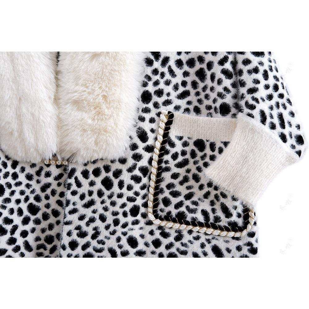 Autumn and Winter Imitation Mink Collar Pocket Sleeves Leopard Print Shawl Cape Fringed Scarf Jacket Women's Knitted Sweater