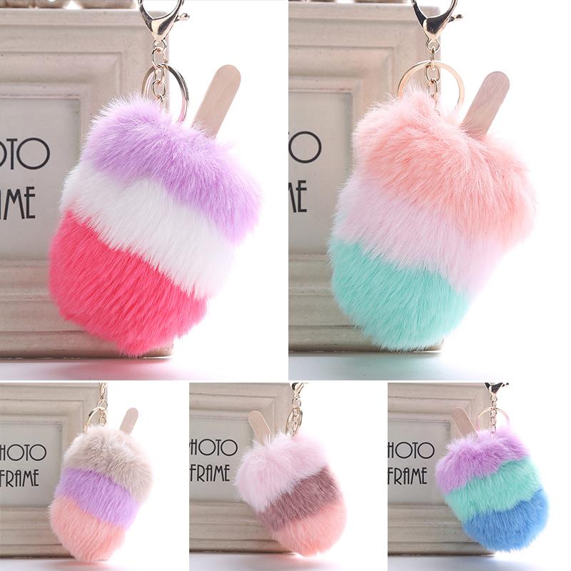 1Pcs Car Soft Pompom Fluffy Ice Cream Faux Fur Key Chain Gift Key Ring Jewelry Pendant