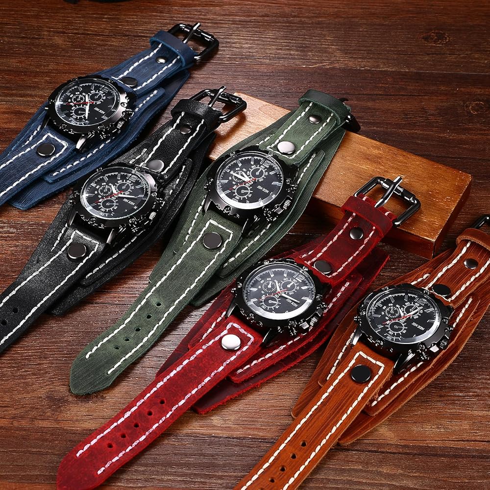 Rock Punk Men's Analog Quartz Watch Waterproof Leather Bracelet Wide Band Fashion Accessory
