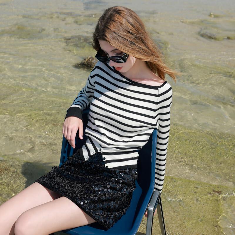 

Женский полосатый вязаный пуловер Sancai с косым воротником M (160/84A)