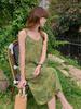 2025 Summer V-Neck Bamboo Swing Camisole Dress - Women's Slimming Spaghetti Strap Faux Silk Satin Long Dress