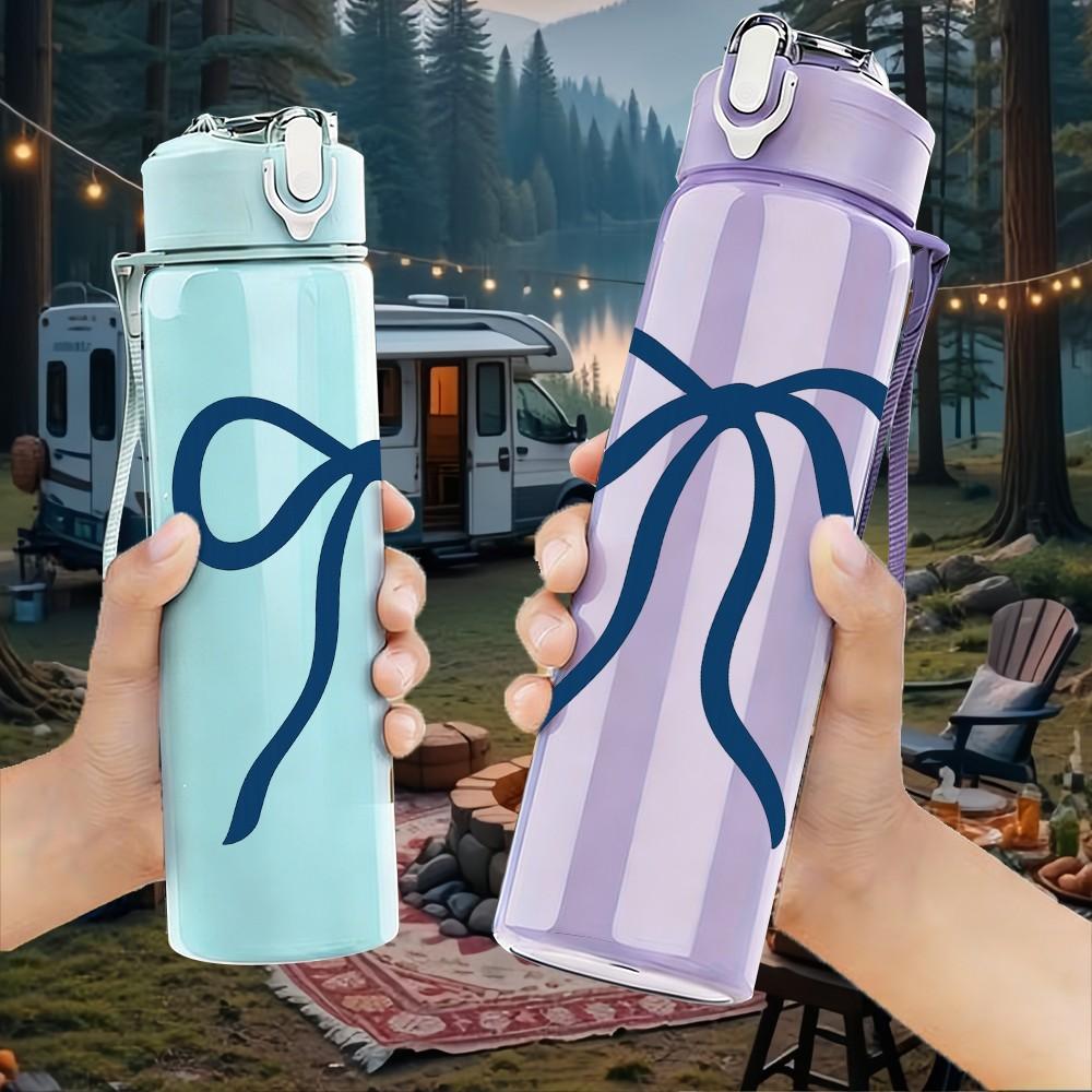 1PC Elegant Blue Bow 750ml Color Plastic Sports Water Bottle Leakproof Flip Straw Lid Suitable for Sports Office Home Use