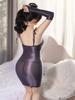 Sexy Oil Glossy Shiny Micro Mini Dress Backless Sheer See Through Elastic Bodycon Tight Pencil Dress Club Dance Wear With Glove