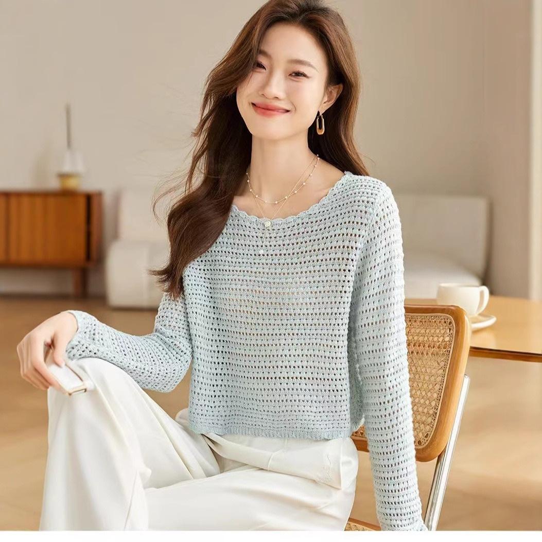 

Hollow-out blouse 2026 new solid color top for women, round-neck pullover knit sweater one size fits all небесно-голубой