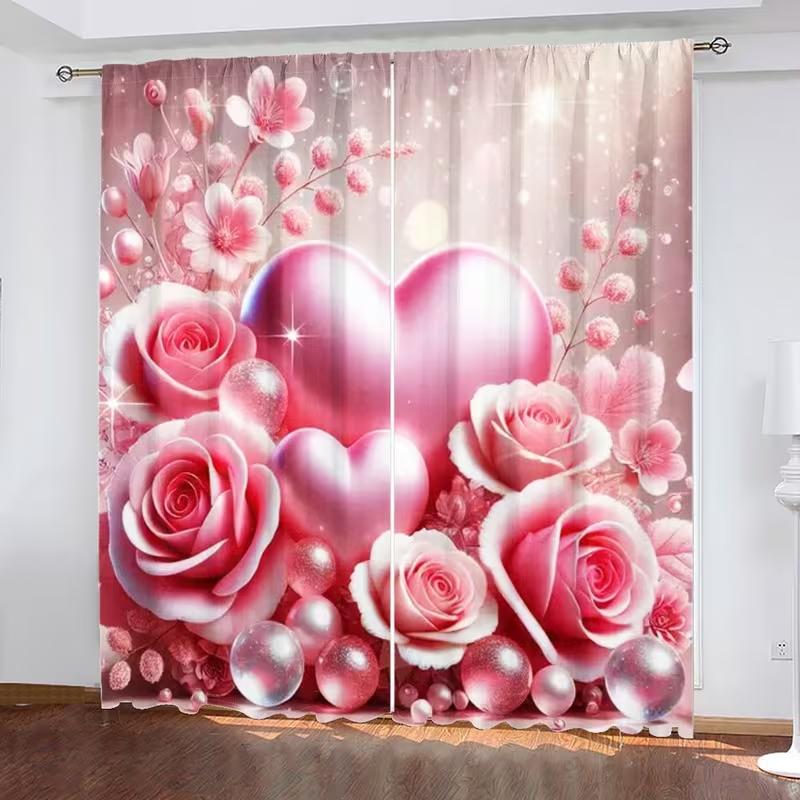 2PC Valentine's Pink Rose Heart Curtains Glitter Ball Print Light Filtering Sheer Drapes Romantic Window Curtains for Bedroom