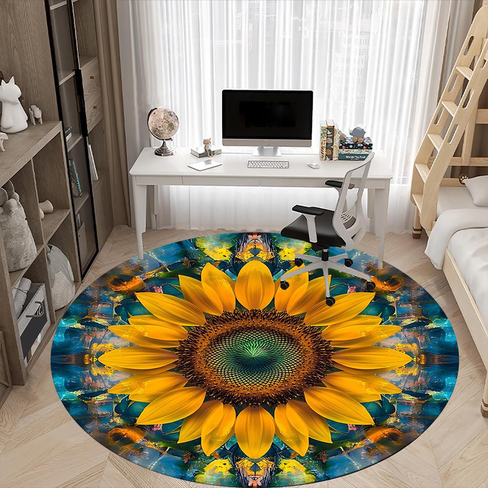 1pc Sunflower Kaleidoscope Office Round Area Rug, Indoor Mat Suitable ForOffice, Under Office Chairs Bedroom Living Room Home Decor, D112