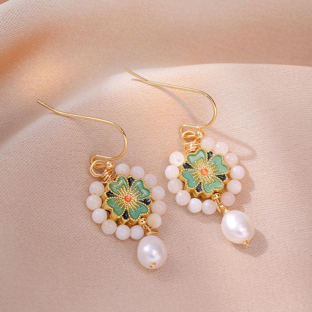 

Retro Freshwater Pearl Blue Flower Earrings for Women - Japanese & Korean Style