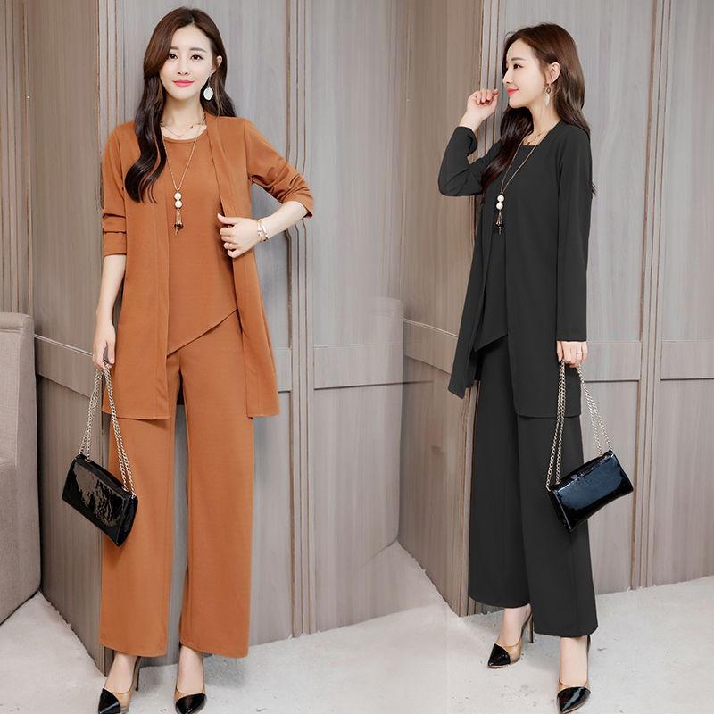 Women's Spring and Autumn Models Loose Plus Size Round Neck Short Sleeved + Long Sleeved Jacket + Loose Wide Leg Trousers Casual Wear Three Piece Set