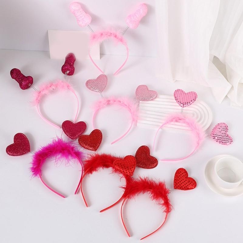 Sequins Heart Hairband Vintage Headband with Feather for Woman Valentines Party