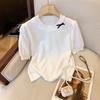 Lace Bow Short Sleeve Knitted Sweater Women's Summer Premium Bead Splicing Shoulder Top