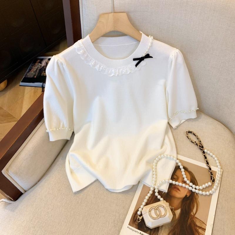 Lace Bow Short Sleeve Knitted Sweater Women's Summer Premium Bead Splicing Shoulder Top