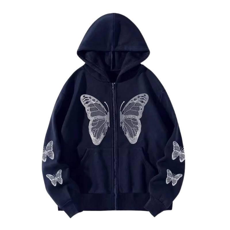 Oversized Y2K Butterfly Print Hooded Zip-Up Sweatshirt Women Men Loose Fit Streetwear With Front Pockets Air Layer