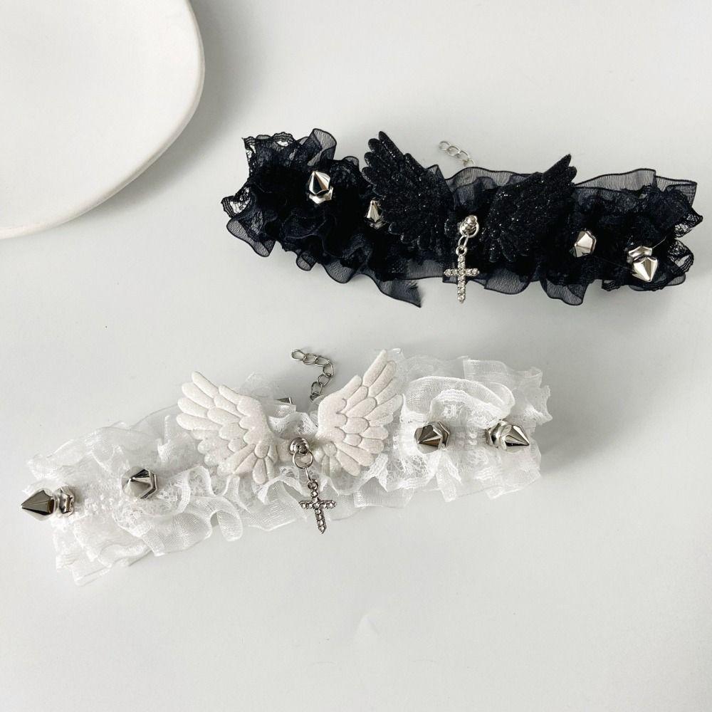 Lace Angel Wing Necklace Rhinestone Cross Lolita Necklace Black White Y2K Necklace Vintage Punk