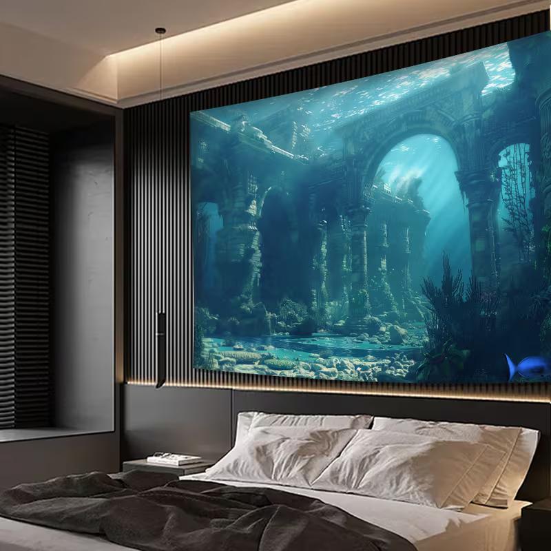 2D Ocean Sunken Temple Wall Hanging, Underwater Ancient City Tapestry for Dorm