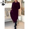 Women's Fashion Spring Fall Solid Color Print Long Sleeve Half Turtleneck Loose Waistline Casual Dresses