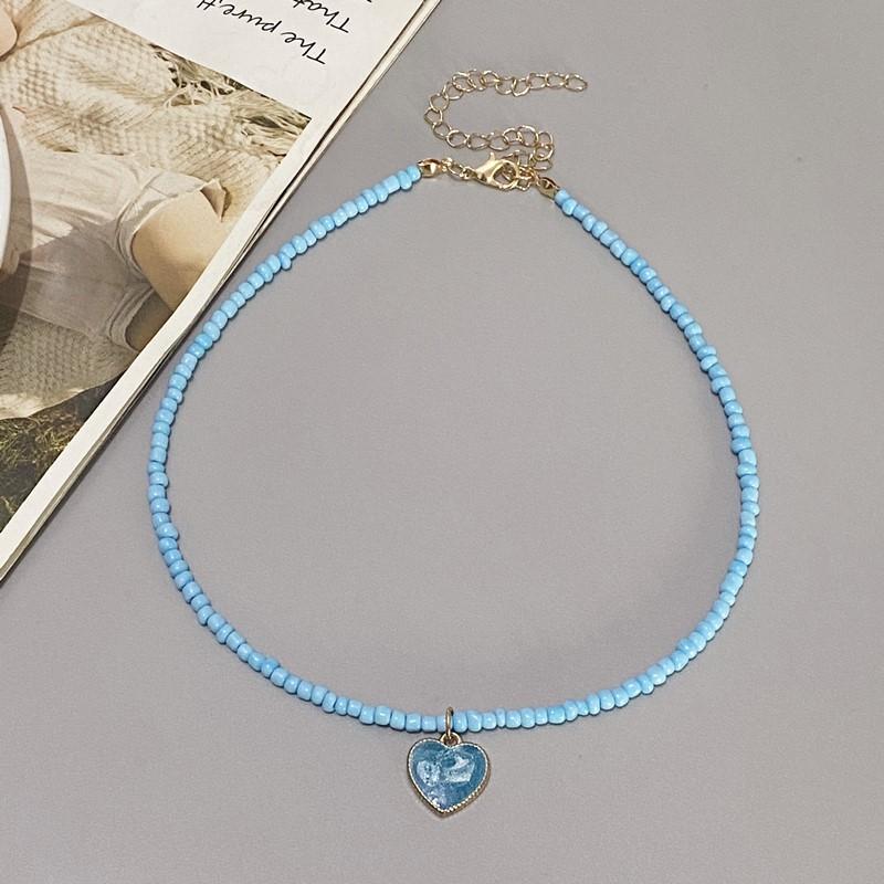 

Bohemian Handmade Beaded Chain Chokers for Girls Cute Love Heart Pendant Necklace Wholesale Femme Zircon Accessories Gifts синий