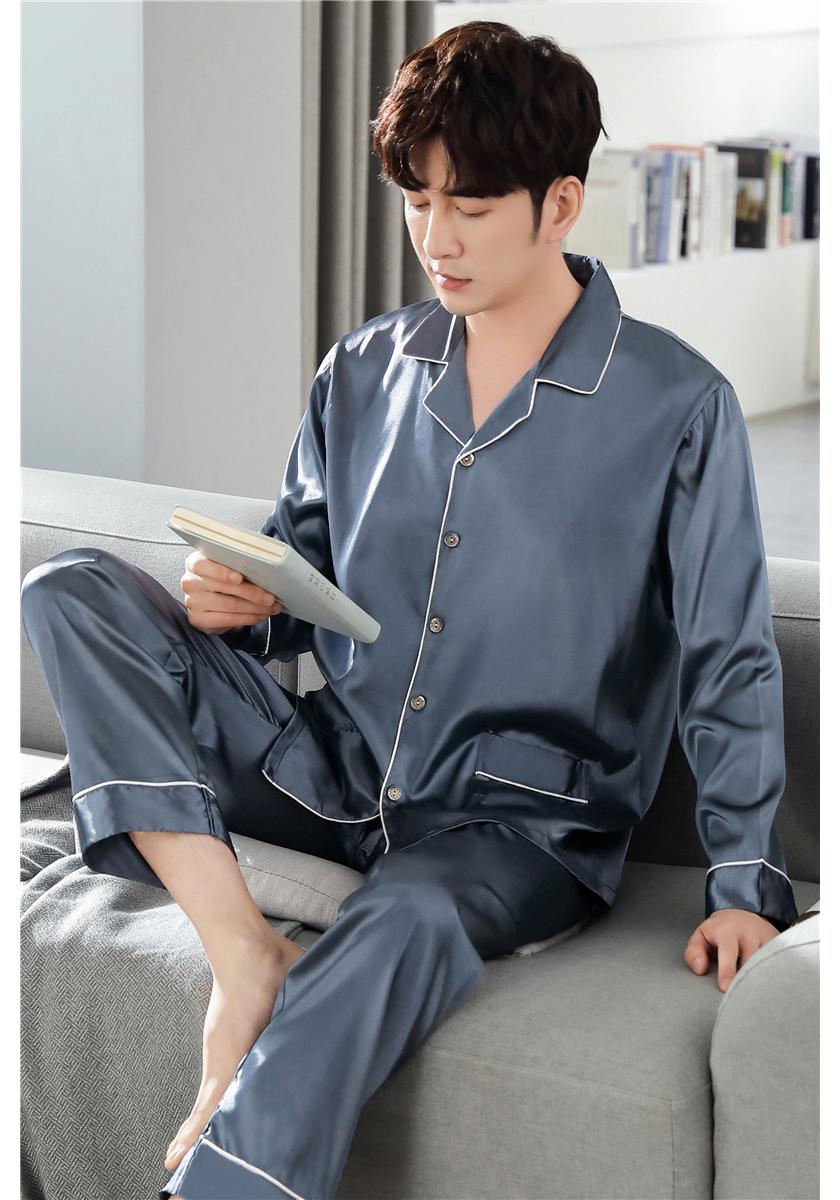 

Men s Ice Silk Satin Long Sleeve Pajamas – Spring/Summer Thin Two-Piece Set XL