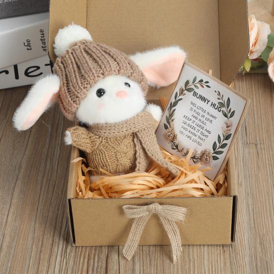 Mini-Häschen-Umarmung, Ostergeschenk, Plüsch-Kaninchenpuppe mit Strickmütze und Bommeltasche, emotionales Unterstützungstier mit Geschenkbox, inspirierende Karte