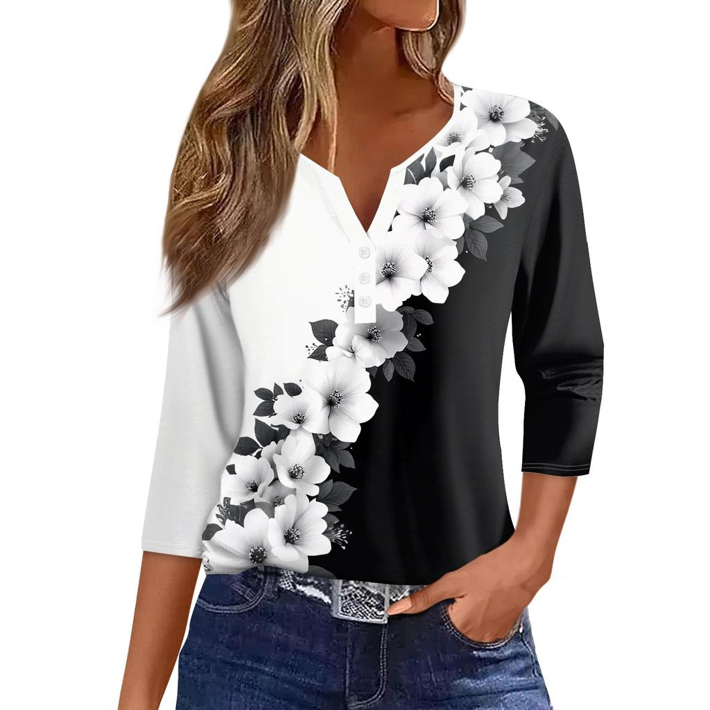 Damen T-Shirt mit Aufdruck, Knopfleiste, 3/4-Ärmel, für den Alltag, Wochenendmode, Basic, V-Ausschnitt, normales Oberteil