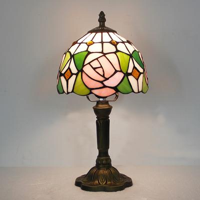 Small Table Lamp Decoration Bedroom Retro Stained Glass Shape Light Tiffany Style Four-leafed Clover Rose Flower Design 8” Room