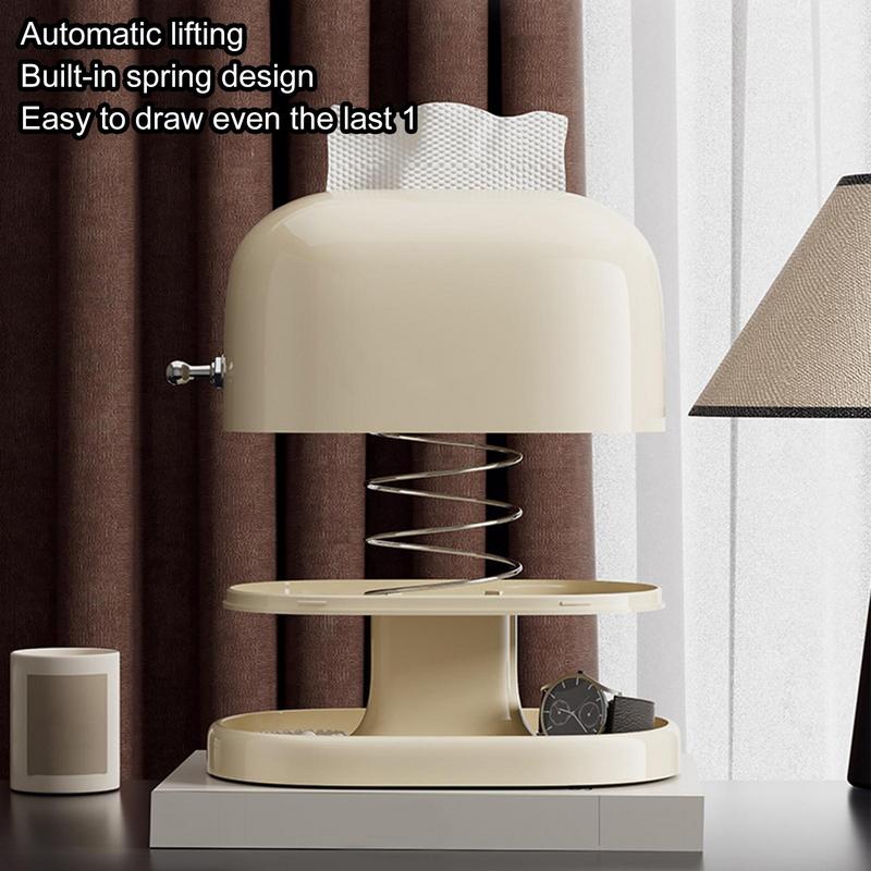 Tissue Box Cover with Tray Decorative Spring Support Napkin Holders Retro Style Tissue Dispenser Double-Layer with Hook