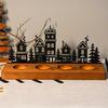 Solid Wood Iron Holder Christmas Town Silhouette Candle Holder, Wooden Tea Light Stand for Indoor Ornament Tabletop Decoration, Metal Festive