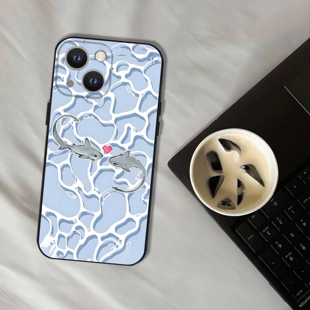 Cute Cartoon Blue Shark Phone Case For iPhone 17,16,15,14,13,12,11,Pro,XS,Max,XR,Plus,E,SE4,Mini Black Soft Cover