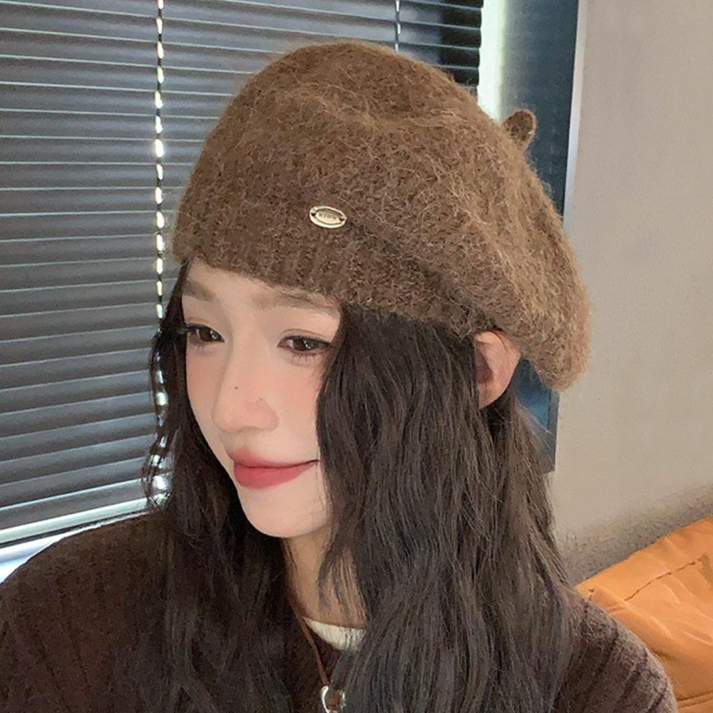 

Однотонна проста кепка Теплий французький капелюх художника Зимовий в язаний берет для жінок кавовий