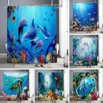 Ocean Animals Shower Curtains Dolphin Sea Turtle Fish Coral Underwater Cave Scenery Fabric Children Bath Curtain Bathroom Decor