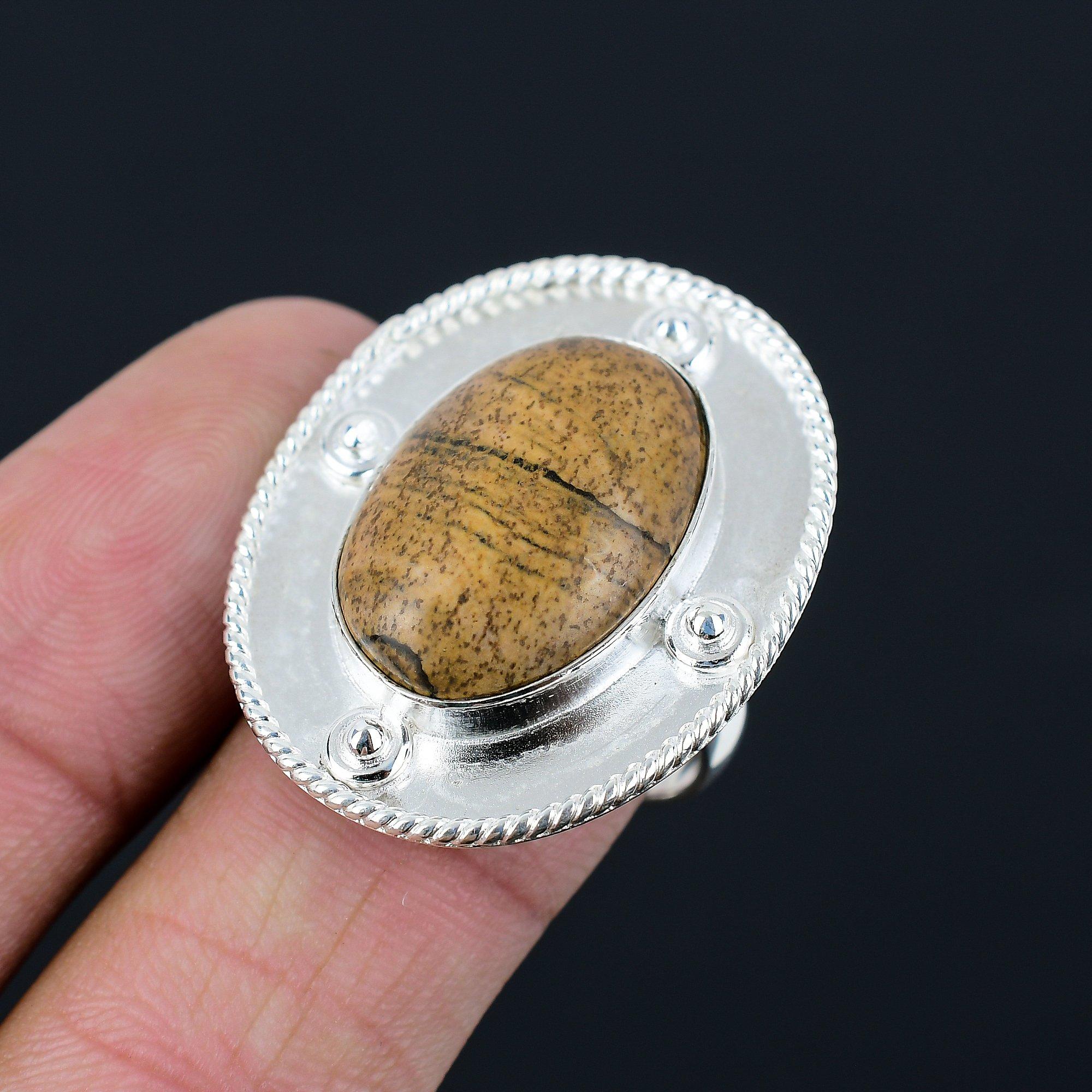 Oval Picture Jasper Stone Engagement Statement Boho Ring Size 9 Sterling Silver 9