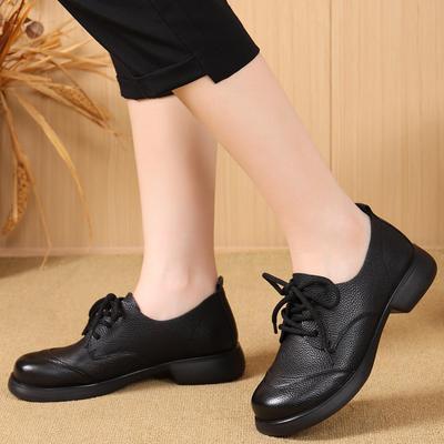 Dames Comfortabele Leren Schoenen met Dikke Hak, Ronde Neus, Vetersluiting - Comfortabel Grote Maten voor de Herfst