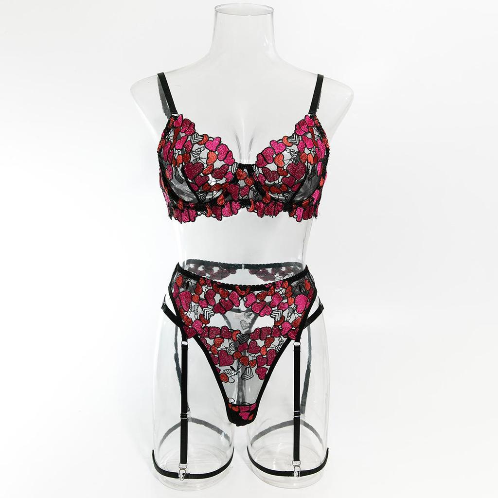 Embroidered Lace Lingerie Set: 4-Piece Transparent Bra & Panties