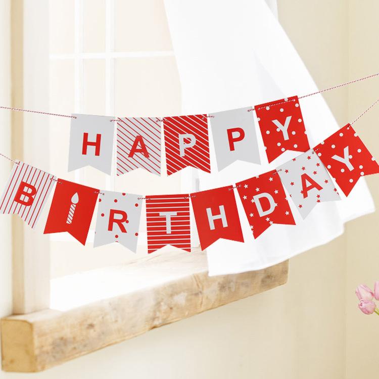 Red Birthday Cake Candle Birthday Flag Party Decoration Arrangement Happy Birthday Banner