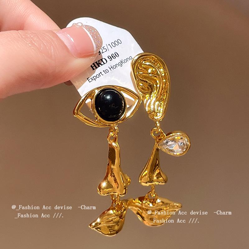 Vintage Court Style Earrings with Teardrop, Eyes, Mouth, and Rhinestone Inlays