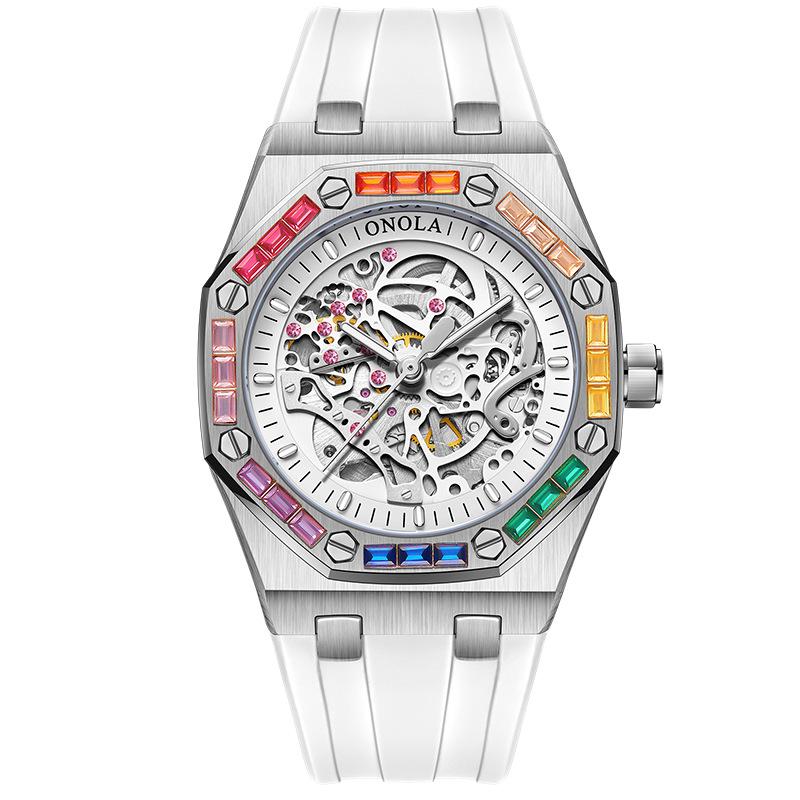 ONOLA Montre Homme Automatique Mécanique Fashion Diamants Arc-en-ciel Bracelet Silicone Étanche