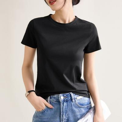 Solid Color Right Shoulder Slim Round Neck Cotton Short-sleeved T-shirt for Women 2024 Spring and Summer New Style Temperament Inner Pullover Top