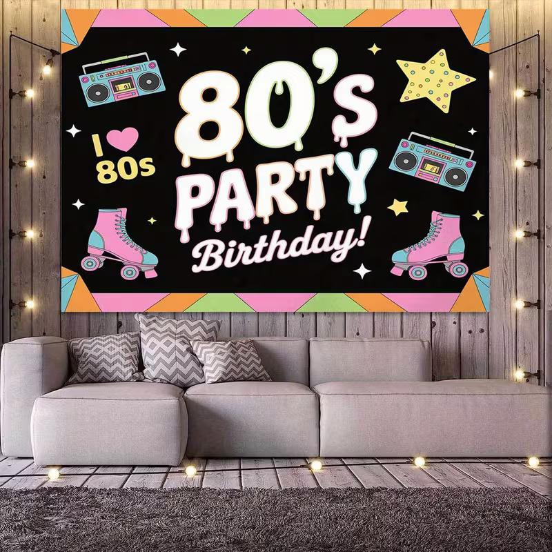 2D Black Base Colorful Geometric Border I Love 80s Retro Hip Hop Birthday Photography Backdrop