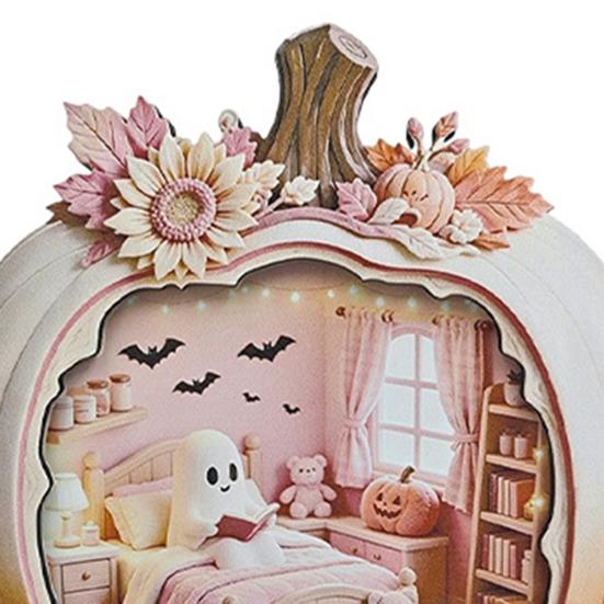 Cute Pastel Pumpkin Ornament Halloween Ghost Wooden Plaque, 2D Flat Tabletop Sign, Desktop Festive Home Accessory Spooky Bathing Reading for