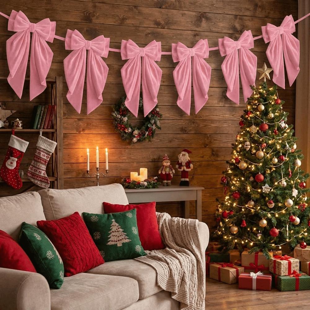 Handmade Red Bow Banner Reusable Christmas Velvet Ornament Exquisitely Bow Bunting Party