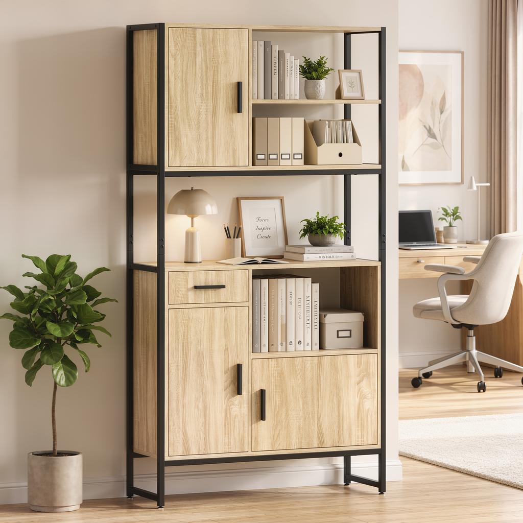 High Kitchen Buffet, 3 Soft-Close Doors, Drawer, Worktop, Open Shelves, Natural