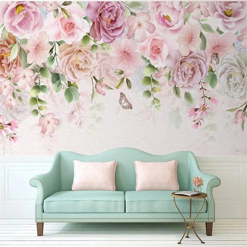 Papier Peint 3d Nordique Peint à la Main Fleurs Romantiques Photo Murale Décor Salon Chambre Peinture Murale 3d