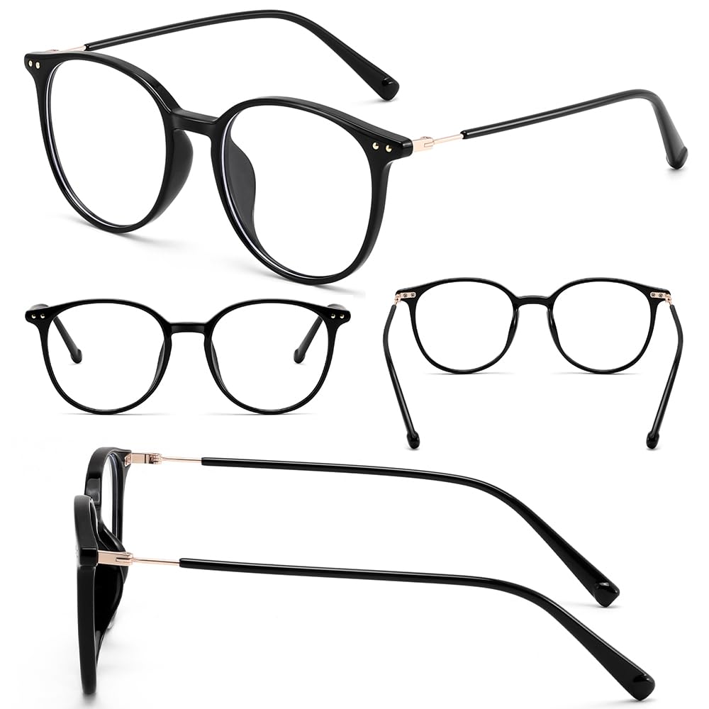 Stylish Eyeglasses for Women and Blue Light Round UV PC Black Gold B1692 [FEISEDY] Men, Blocking, Shape, Protection, Lightweight, Glasses,