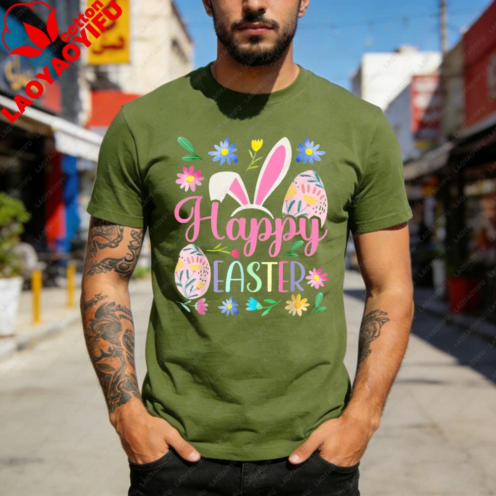 Happy Easter Bunny Eggs Flowers Spring Festival Men T Shirt Cotton Short Sleeve Summer Top Gift for Men Casual Fashion Tees
