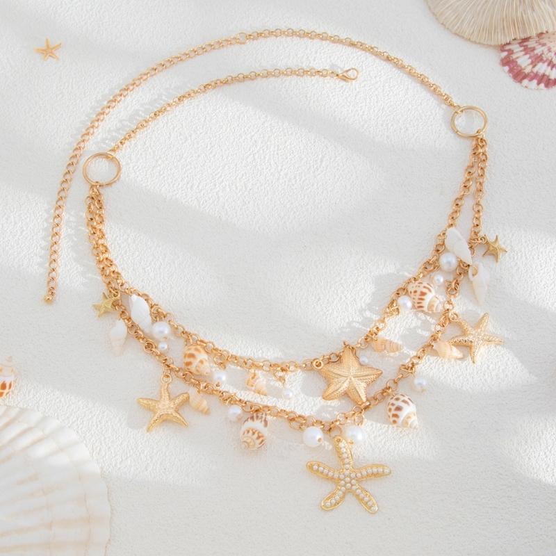 Gold Tone Waist Chain Fashionable Belly Chain with Sea Star and Faux Pearls Design for Ocean Charm Style