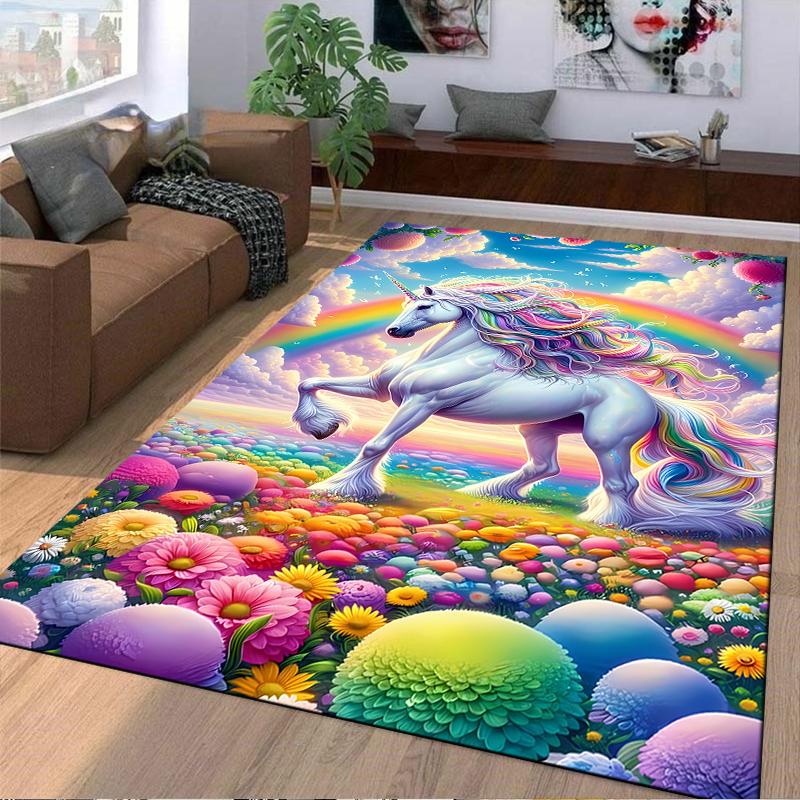 Magischer Einhorn-Teppich mit Regenbogen und buntem Blumenmuster Geeignet zur Verwendung als Antirutsch für Wohnzimmer, Schlafzimmer, Sofas