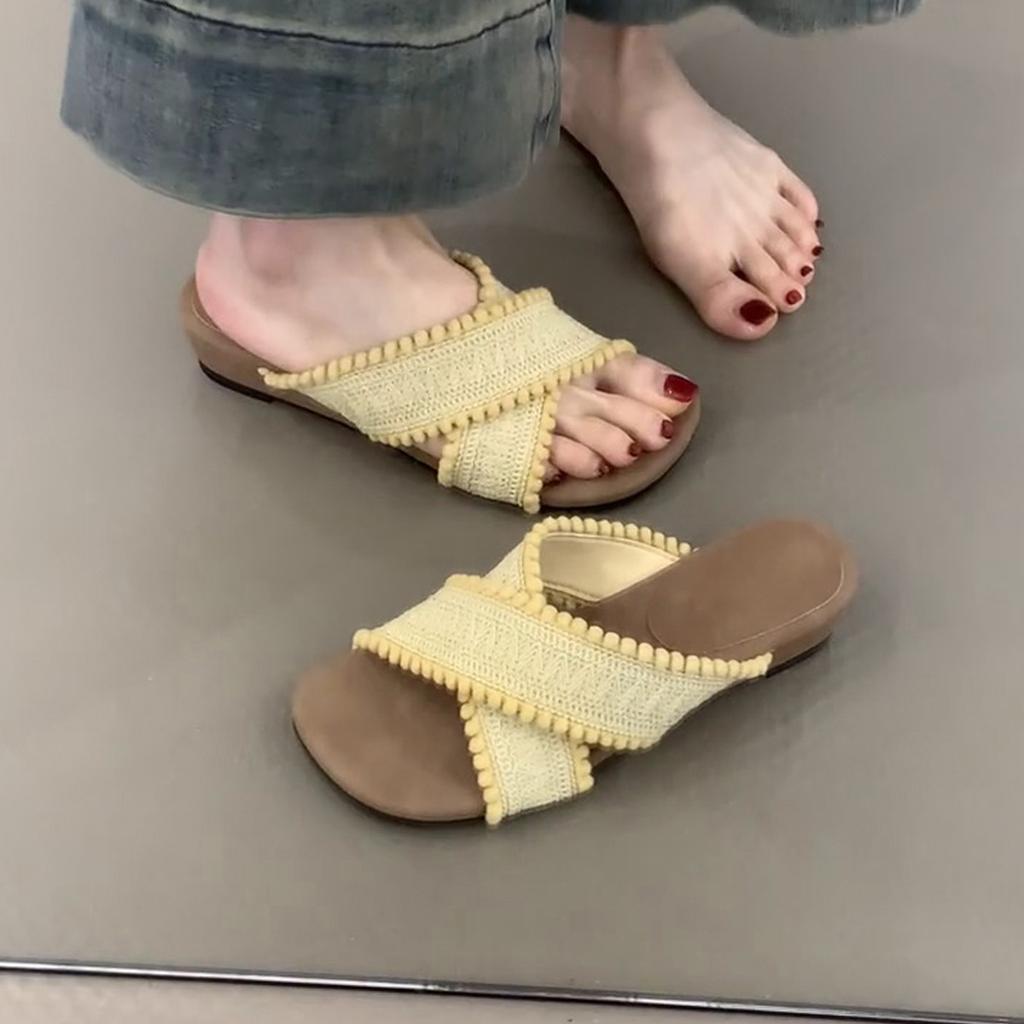 Sheepskin Edition~ Thick Bottom Wedge Heel Woven Cross Strap Roman Slippers Wear Bohemian Holiday Beach Cool Slippers