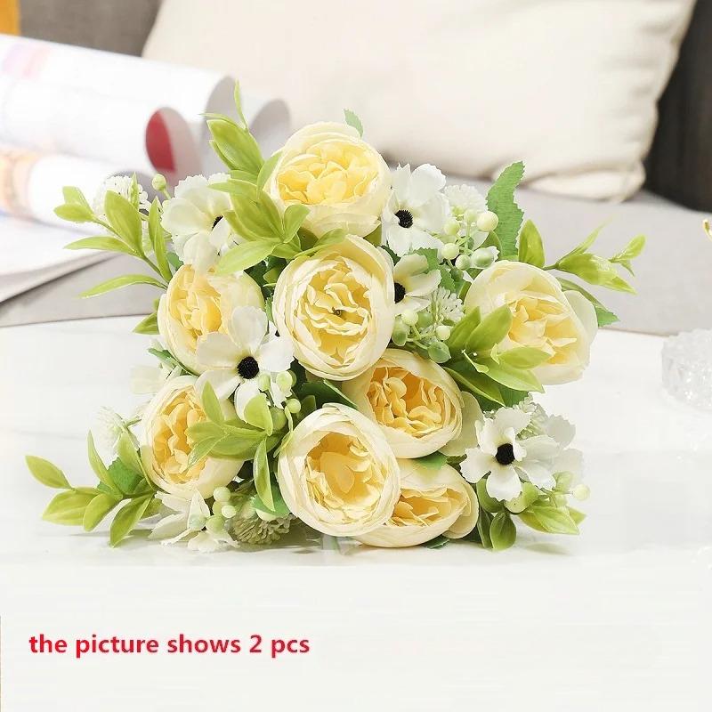 Green Aloes 2pcs Wedding Pink Peony Daisy Bouquet Artificial Flowers Simulation Chogori Peonies Silk Fake Flower Hall Decorative