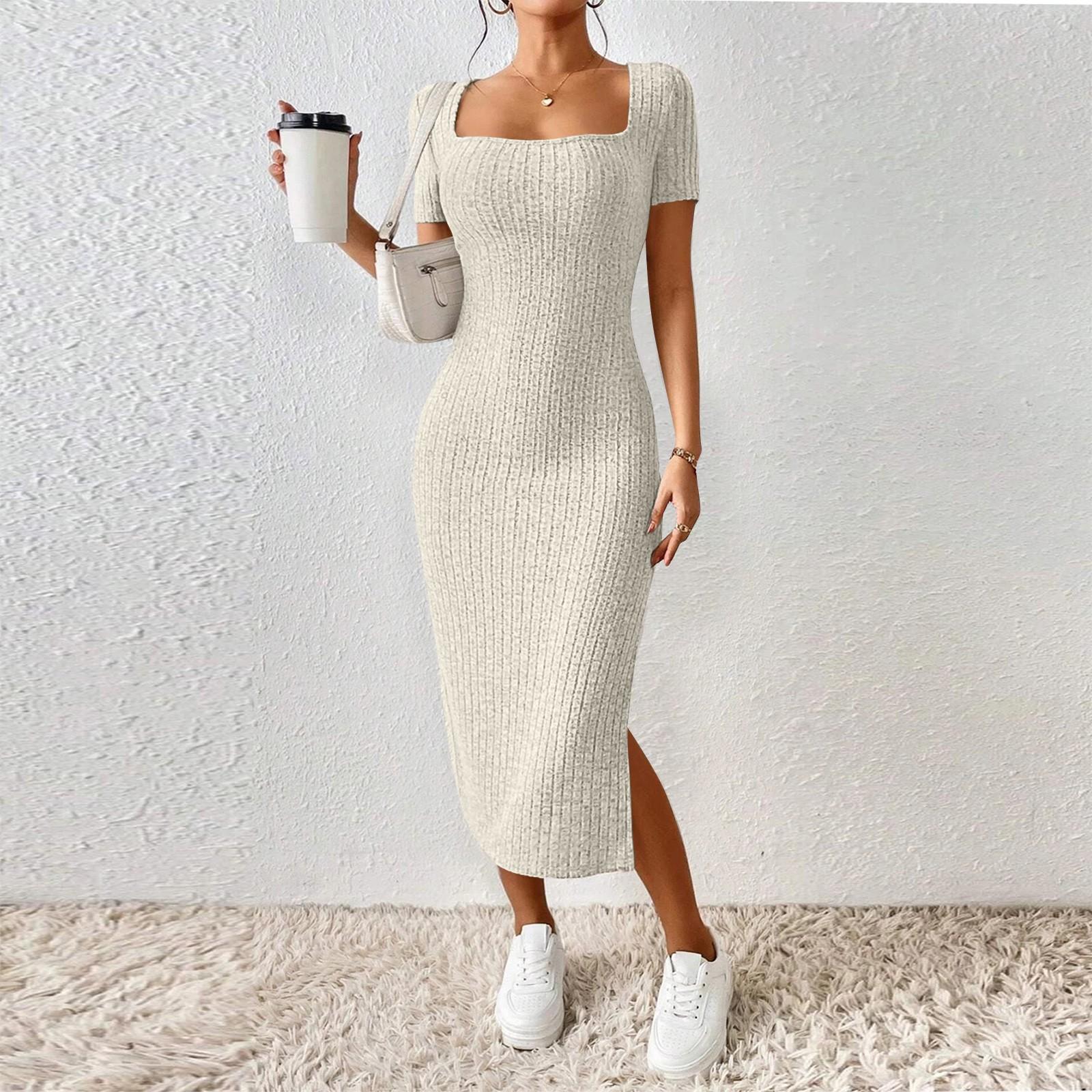 Women s New French Stand Alone Square Neck Short Sleeve Side Slit Dress XS хаки