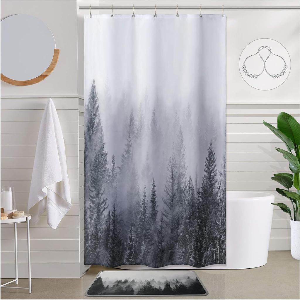 Green Shower Curtain for Bathroom Misty Forest Pattern, Nature Woodland Artistic Shower Curtain Set with Metal Hooks, Waterproof
