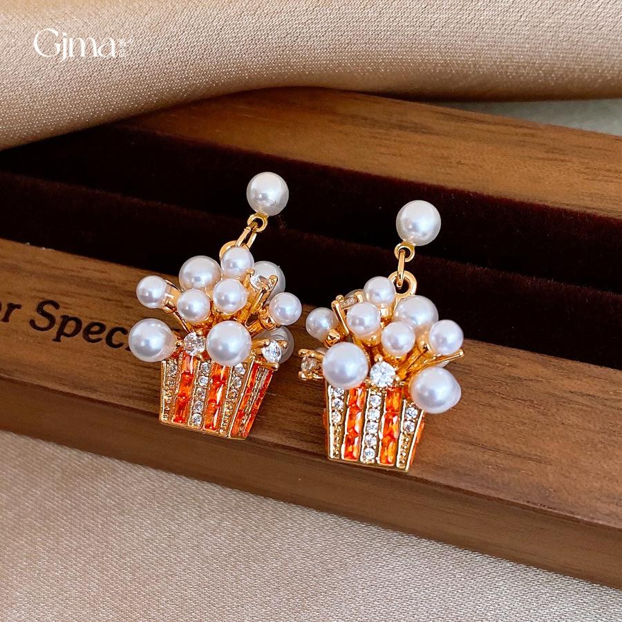 18K real gold electroplated silver needle zircon flower basket fireworks pearl stud earrings exquisite earrings women